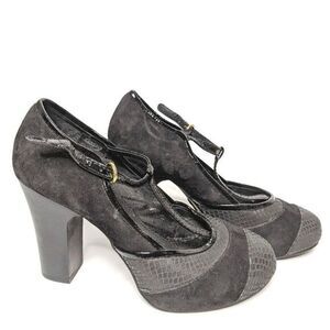 Fossil Black Textured Leather & Suede Block Heel T Strap Mary Jane Pumps size 9